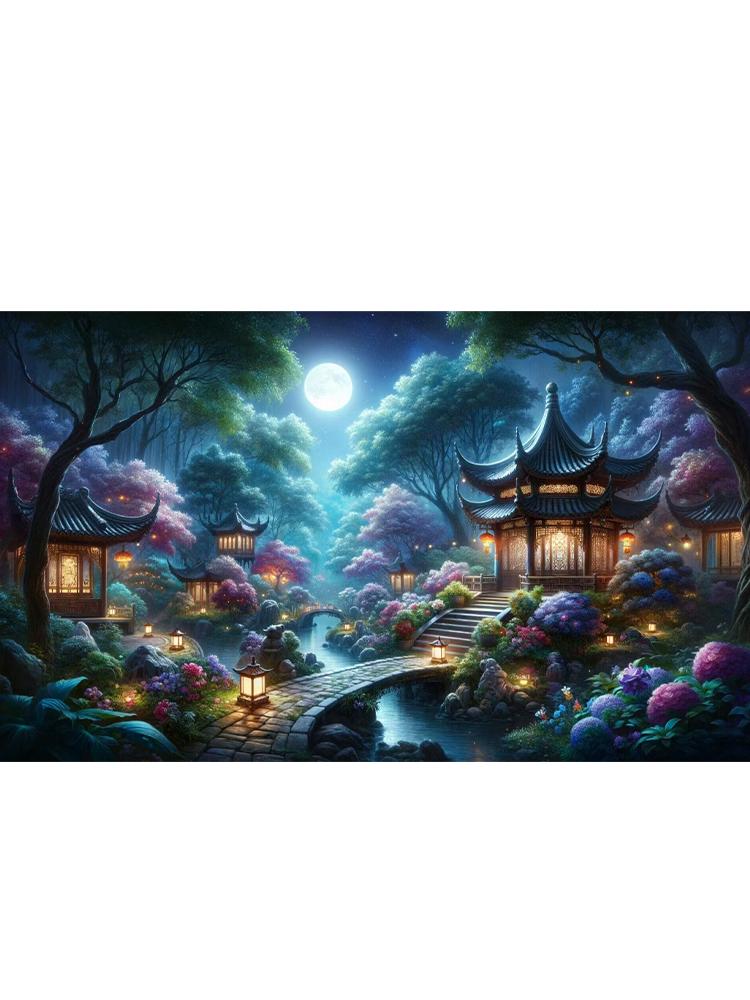 5D DIY Diamant gemalt Landschaft Mond kleine Brücke fließendes Wasser Pavillon Mosaik Stickerei Landschaft Home Dekoration