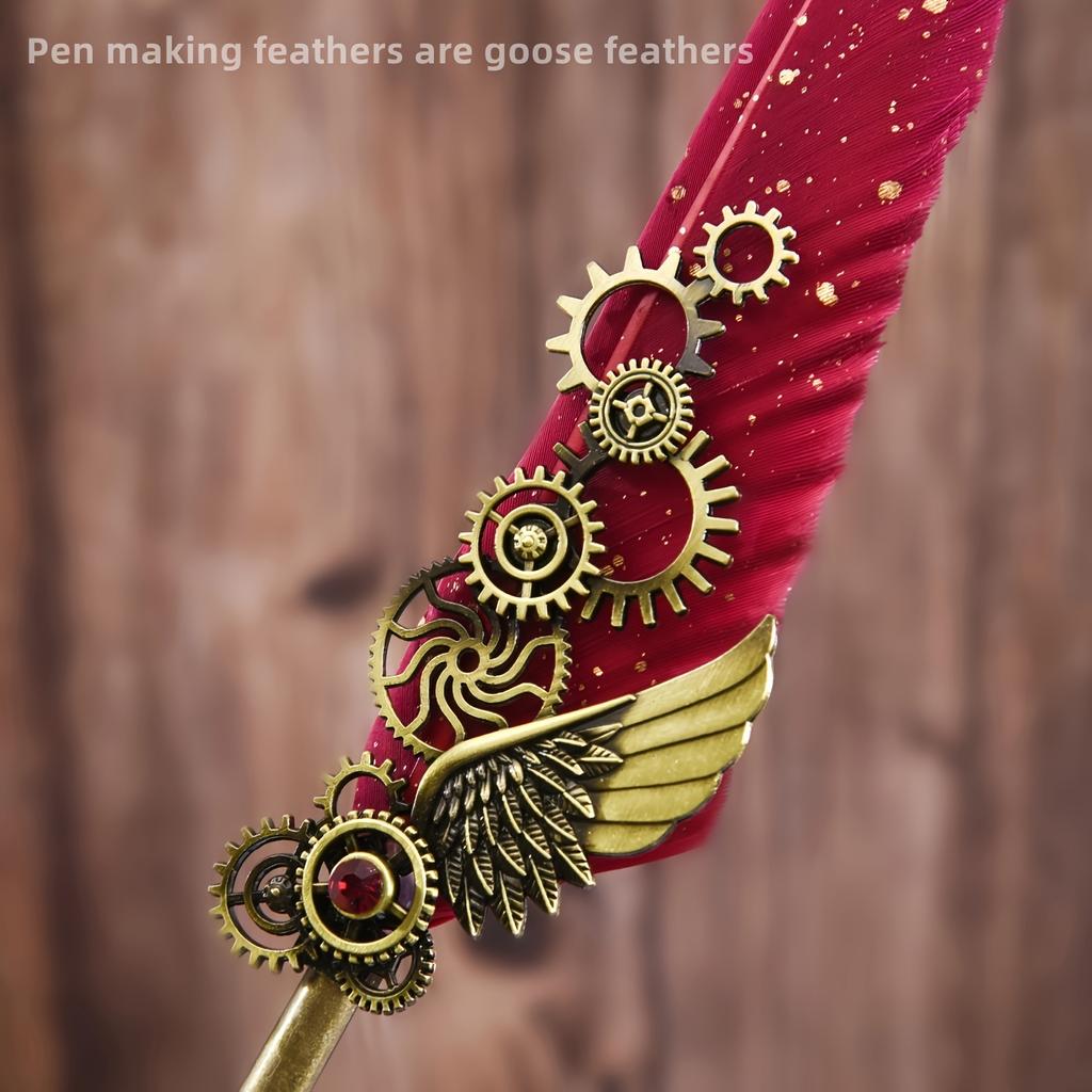 Ambidextrous Mechanical Calligraphy Pen with 5 Personalized Metal Tips, Medium Point, Round Body, Decorative European Retro Feather Quill for Beginner