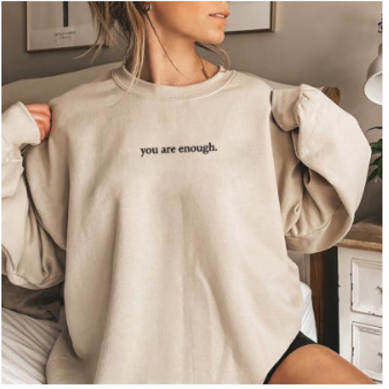 Women's Fleece-Lined Slogan Sweatshirt - Plain Color, Round Neck