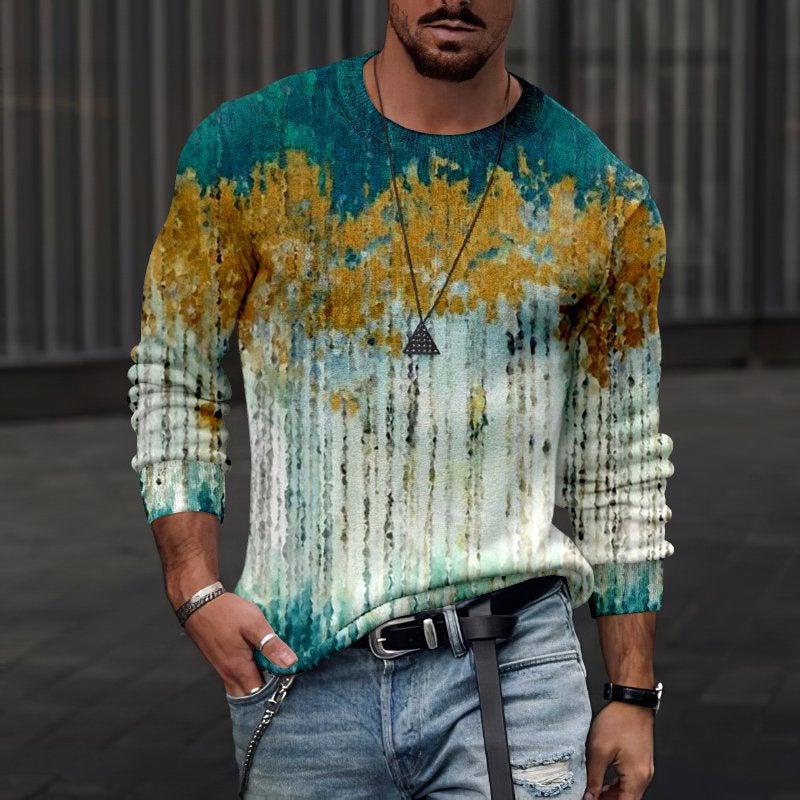 Rundhals 3D-bedrucktes Batik-Streifenmuster Top Modische lässige langärmelige Herren-T-Shirts