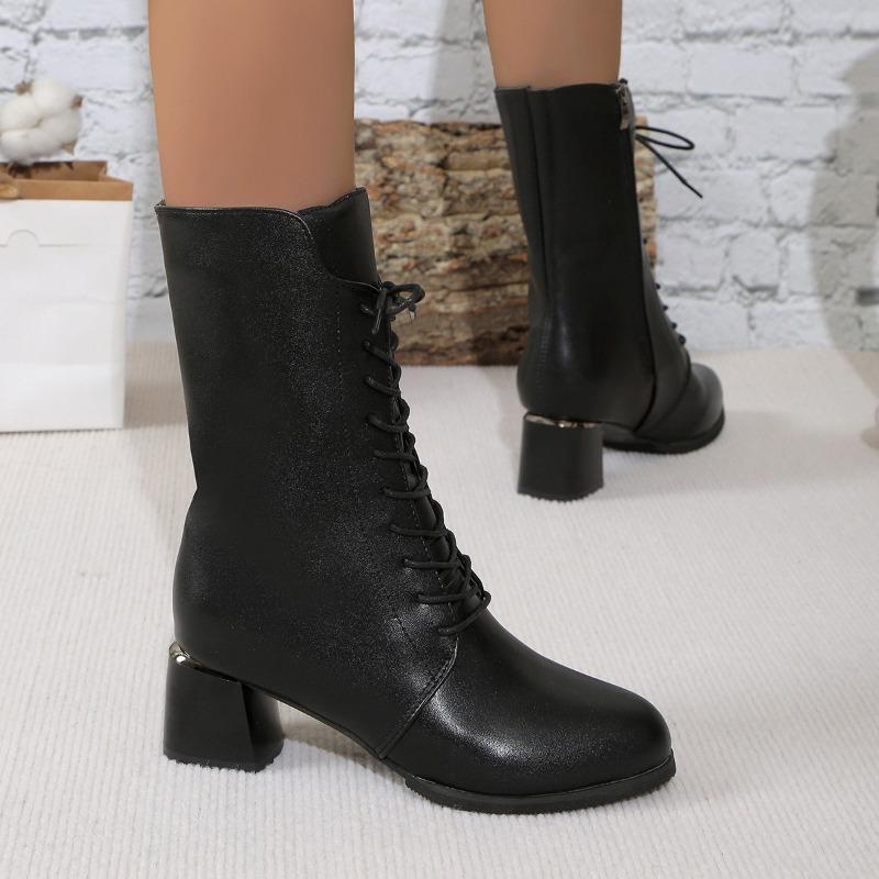 Mode Schnürfront Einzelstiefel Herbst Neu Runde Zehenpartie Seitlicher Reißverschluss Rutschfest Abriebfest Stiefeletten