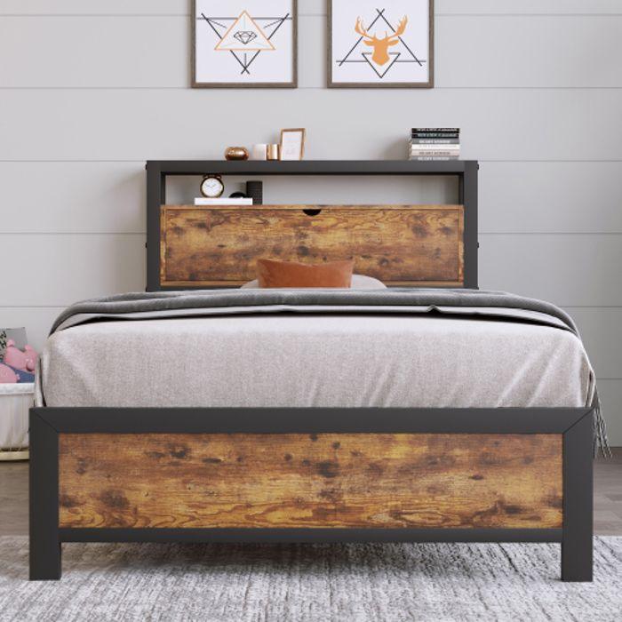 Metal Bed - MUVOE - 90 X 200 Cm - Headboard with Storage - Industrial Design - Capacity 120KG