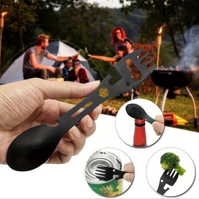 Outdoor Multifunctional Stainless Steel Fork Knife Spoon Can Opener Opener Wrench EDC Kit 5 In 1 Survival Tool Camping Gear