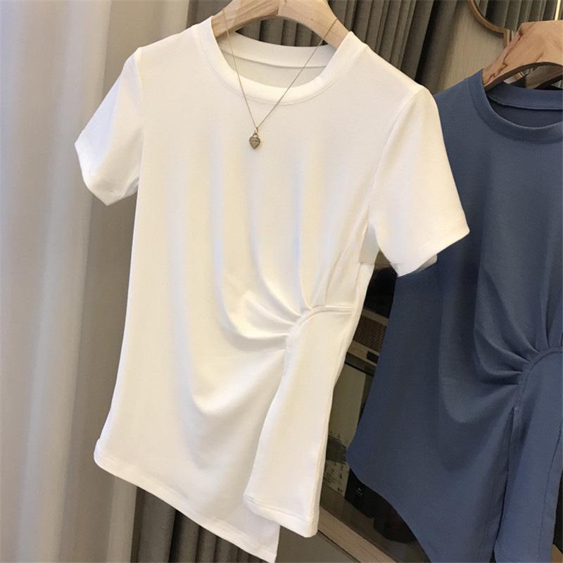 

Женский топ с короткими рукавами, эластичной талией по бокам, плиссированными разрезами - тренд лета 2025 года 2XL