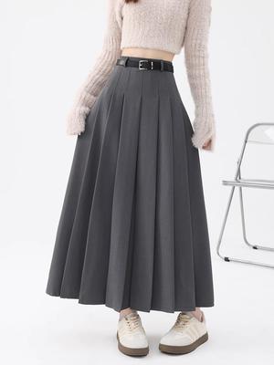 Gray High-Waisted A-line Pleated Skirt for Women - Mid-Length Hip-Covering Skirt for Spring and Autumn 2025