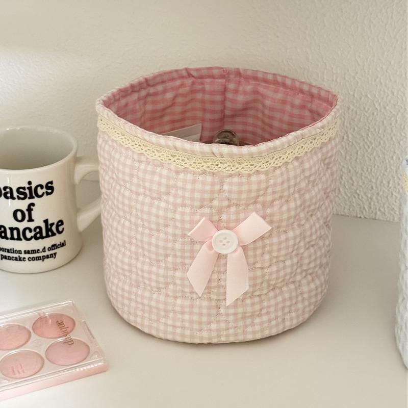 Cute Love Heart Storage Box Quilting Cotton Bow Desktop Storage Basket Large-Capacity Round Storage Frame Home Decoration