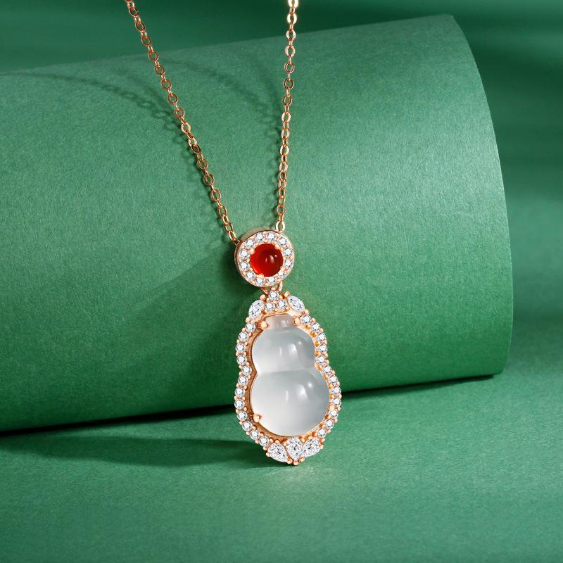 Sterling Silver Chalcedony Gourd Necklace with Rhinestones - Chinese Style Clavicle Chain