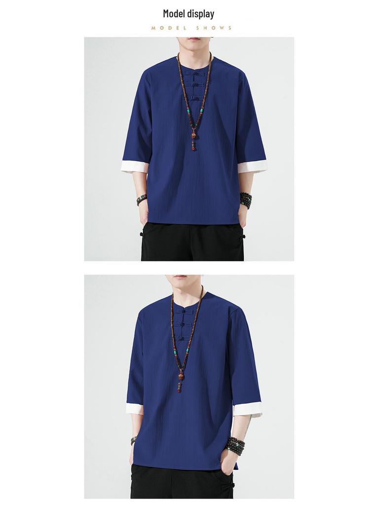 Men's Retro Plus Size Cotton Linen Hanfu T-shirt with Frog Button, Three-Quarter Sleeves