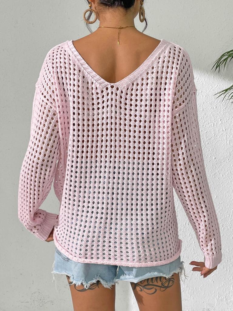 Women's Loose-Fit Knitted Sweater with Butterfly Tie-Up and Hollow-Out Sleeves