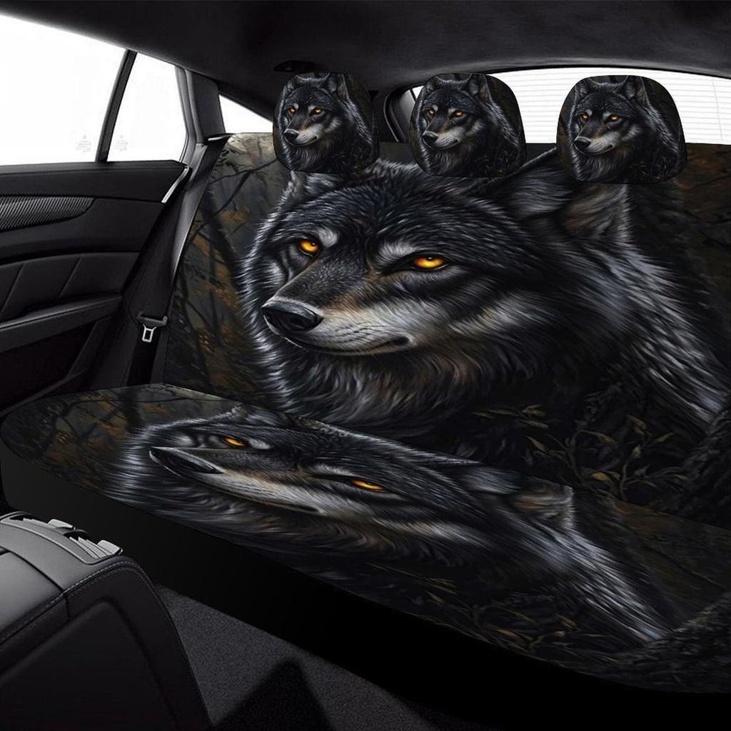 [Howling Wolf Illustration] Wolf In Moonlight Car Seat Cover Set - Stylish Black & Gray, Universal Fit, Machine Washable Polyest