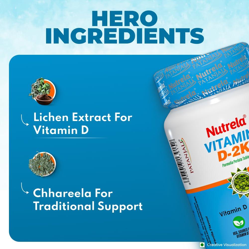 Nutrela Patanjali Vit D2K Natural Chewable Tablets Vanilla Pack of 1 60 tab For Daily Bone Support and Wellness