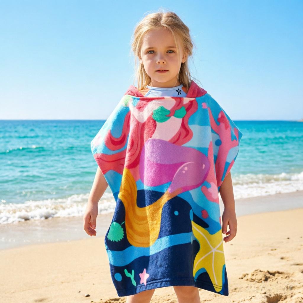 Ultra-Fine Fiber Cartoon Print Kids' Hooded Bath Towel Poncho