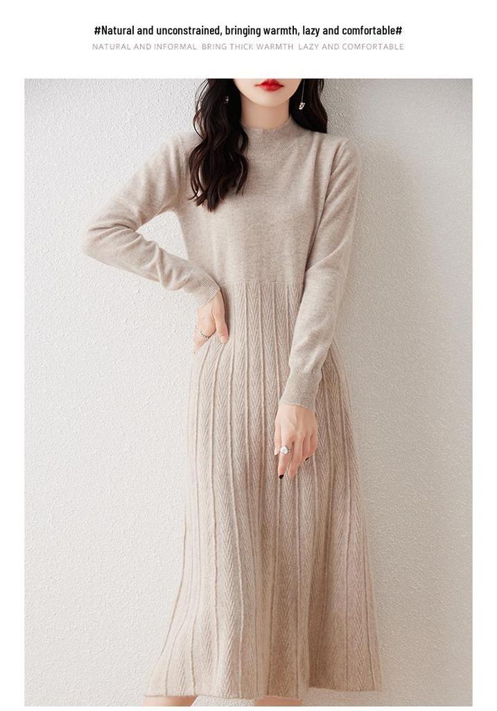 Elegant Merino Wool Women's Bodycon Knit Dress - New Style with Half High Neck and High Waist Design