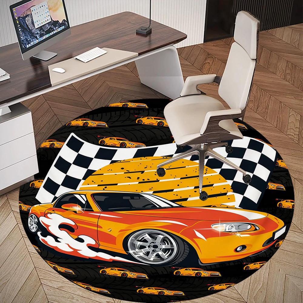 1PC Race Car Flag Round Chair Mat Area Rug - Non-Slip, Floor Mat for Office, Bedroom, and Indoor Decor -Gift D1127221