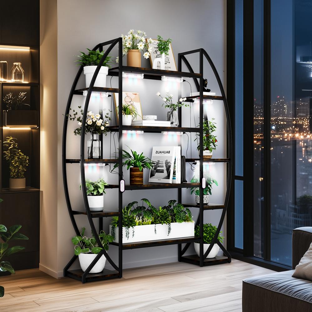 5-Tiered Tall Plant Stand Metal Flower Shelf with Plant Grow Lights for Living Room, Garden, Patio