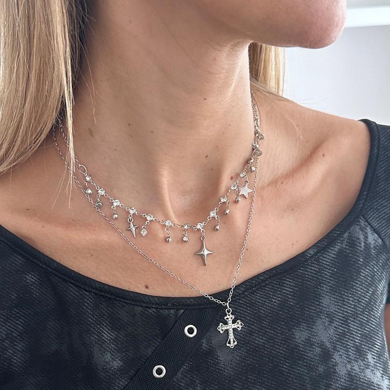 Punk Rock Silver Color Vortex Star Pendant Chain Layered Necklace For Women Men Charms Y2K Grunge Accessories Jewelry