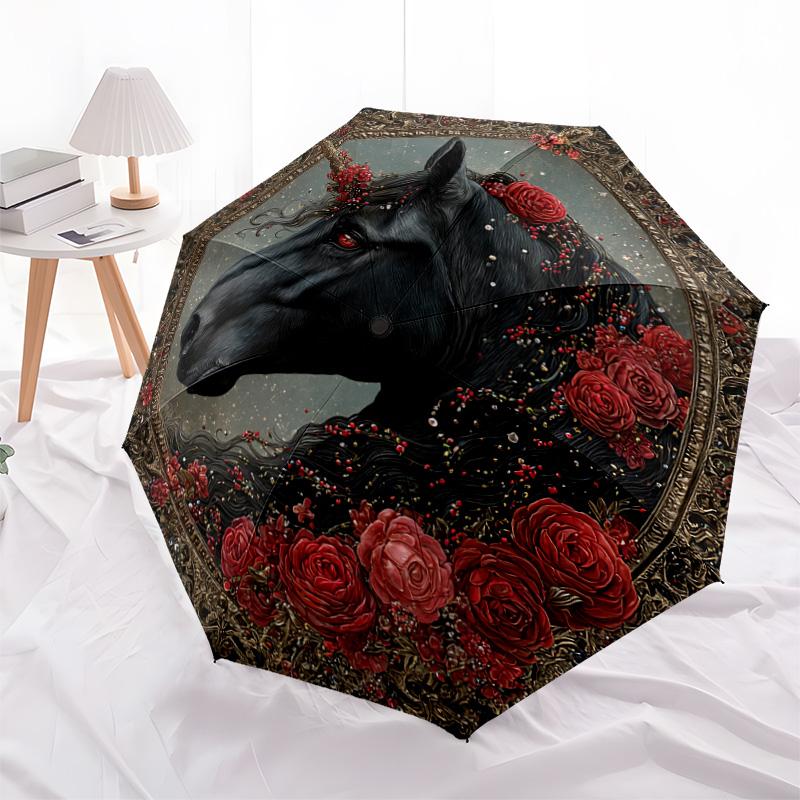 1 PC Automatic Folding Umbrella - Black Horse Pattern, Portable & Foldable Design with 8 Ribs, Christmas Birthday Gifts