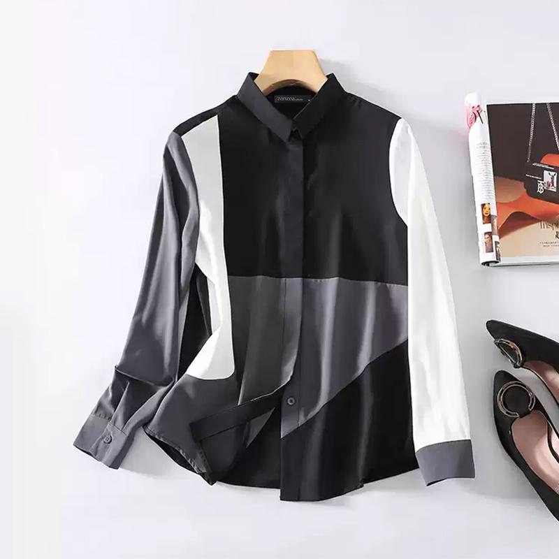 ZANZEA Koszule damskie jesienne z kołnierzykiem i długim rękawem w kontrastowym kolorze