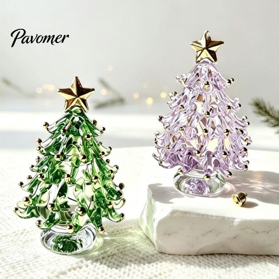 Sparkling Holiday Table Decor Glazed Glass Christmas Tree Ornament with Star Topper, Colorful Small Desktop Art, Faux Crystal Tabletop for Home Office