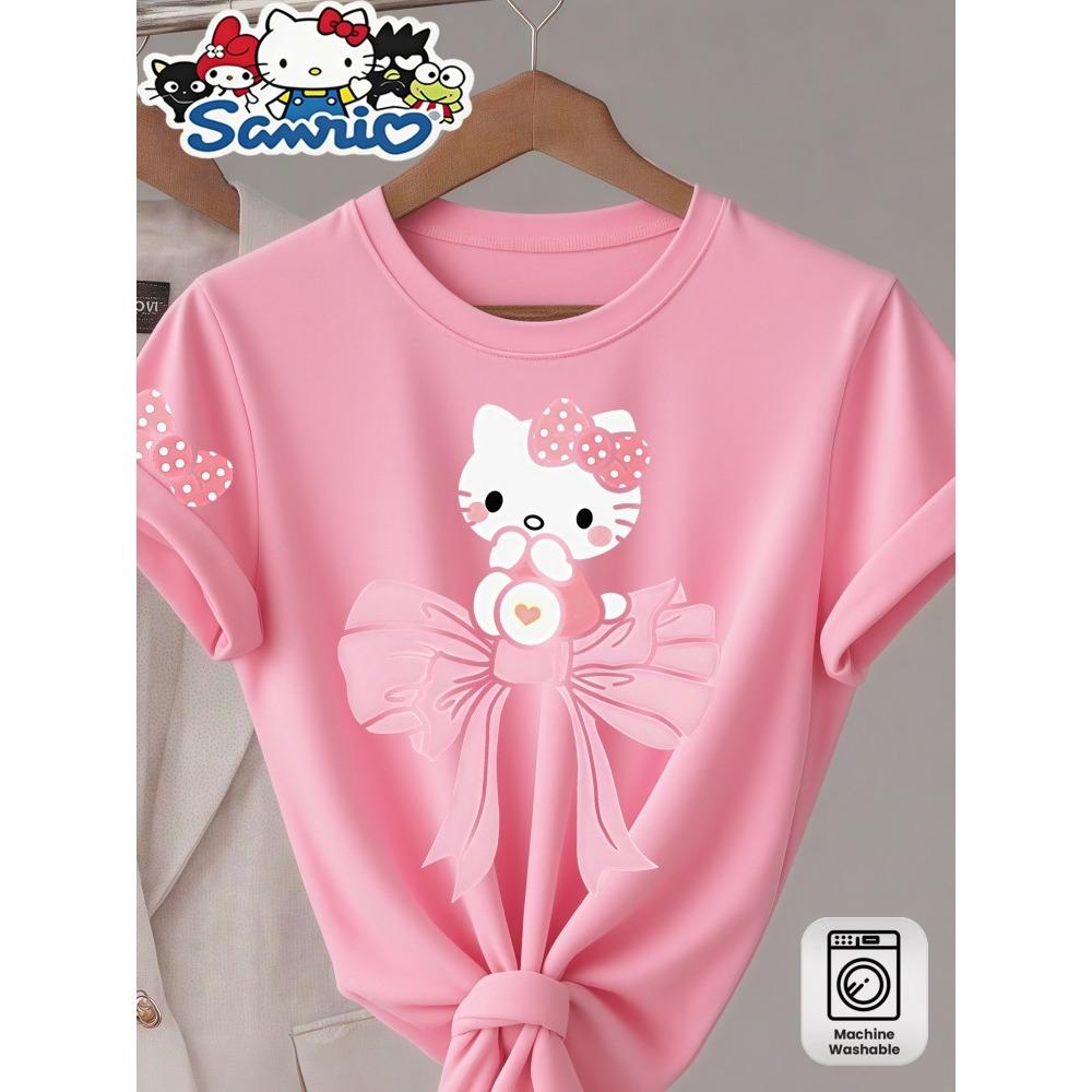 

Pink Hello Kitty Kitty Cat Pattern Womens Round Neck Short Sleeved Tshirt with Letter Print Versatile Fashion Casual Top S