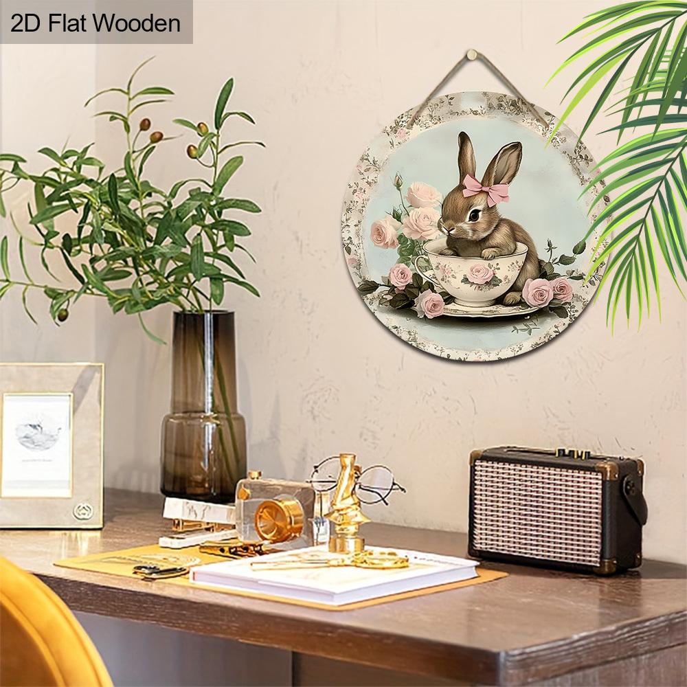 Vintage Teacup Bunny Wooden Sign, Charming Round Sign for Front Door, Wall Hanging Decor - Ideal Easter & Shabby Chic Gift for Home