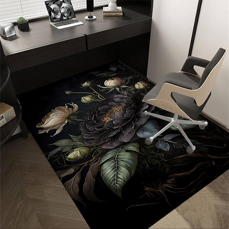 1pc Black Peony Carpet Anti Slip Polyester Floor Mat for office.Bedroom