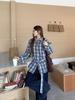 Women's Retro Korean Blue Plaid Tie-Waist Shirt - Long-Sleeve Top for Spring/Autumn 2026