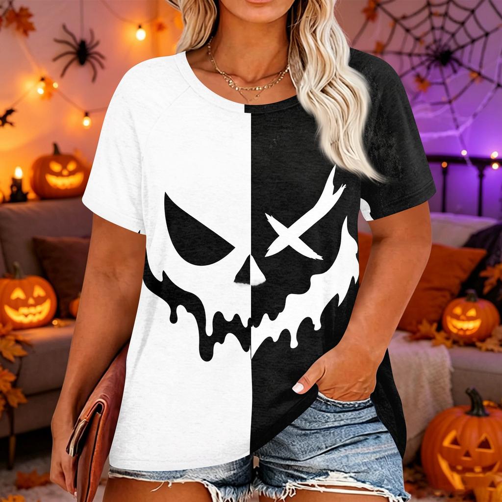 Women's Plus Size Casual Short Sleeve Neck T-Shirt with Halloween Print