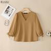 ZANZEA Women Casual V-Neck 3/4 Sleeve Loose Elegant Blouse