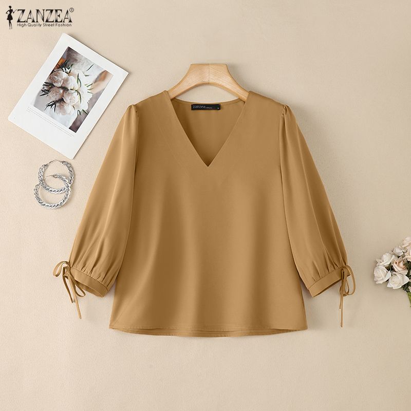 ZANZEA Women Casual V-Neck 3/4 Sleeve Loose Elegant Blouse