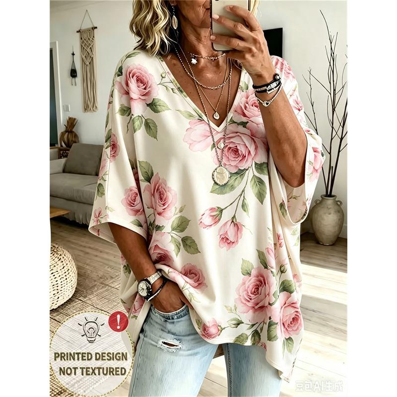 T-shirt da Donna Taglie Forti Scollo a V Maniche a Pipistrello Stampa Etnica Boemia Top Largo Estivo Comodo Traspirante Quotidiano Casual Stile Modellante