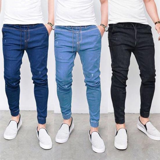 Plus Size Men Jogger Skinny Pants Elastic Waist Pencil Jeans Denim Trousers