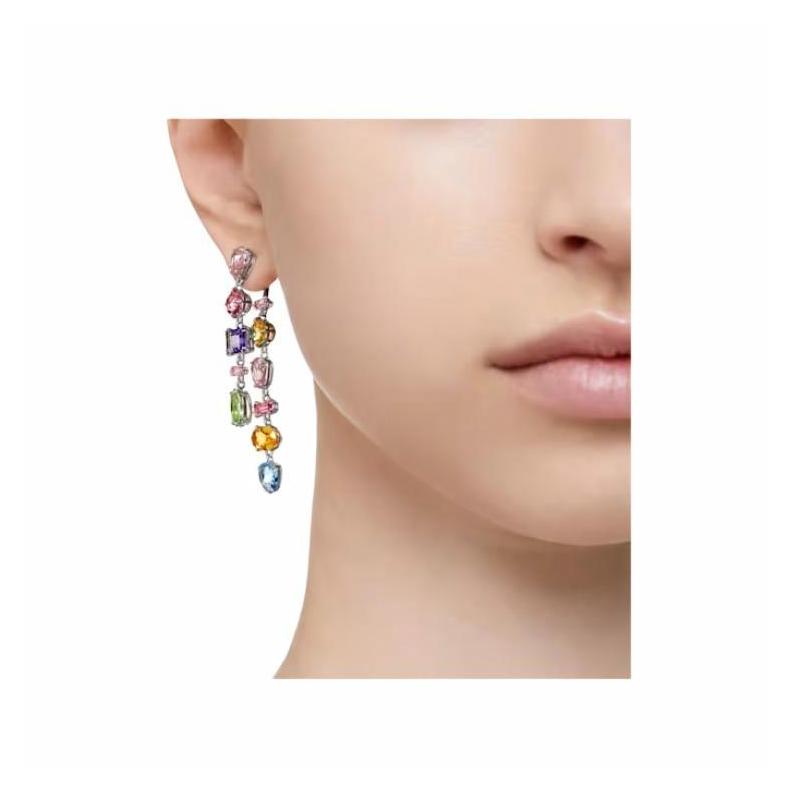 Swarovski Gema Inlaid Asymmetrical Decoration Rhodium Plated Earrings Women's Multicolor 5656417