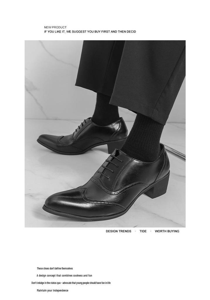 Men's British Autumn Formal Leather Shoes - Pointed Toe, Low-Top, Breathable, Lace-Up, Large Size, High Heel.