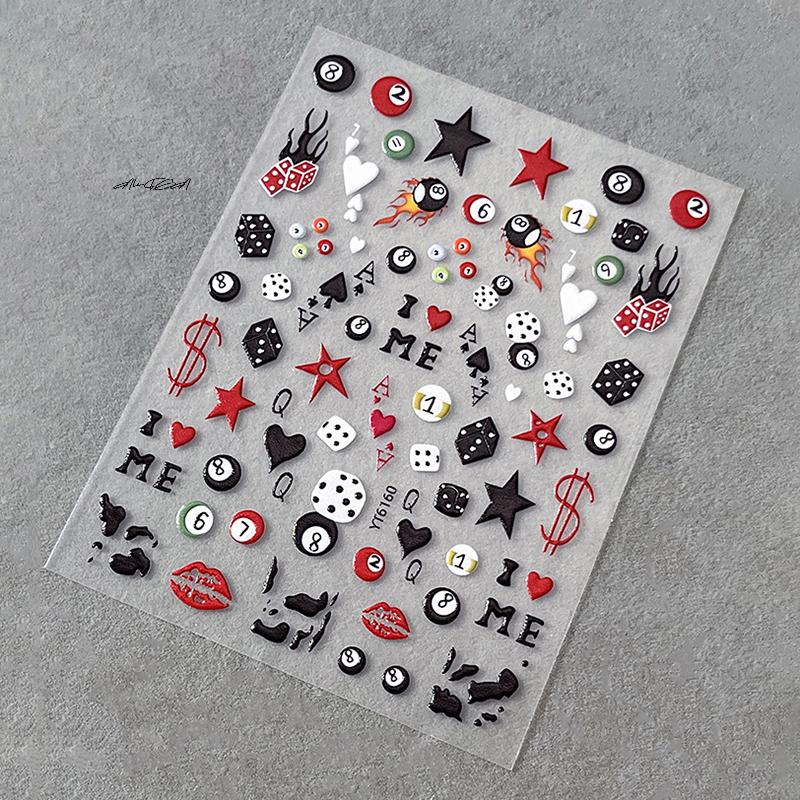 3D Embossed Cherry Nail Art Stickers Self Adhesive Pool Dice Design Manicure DIY Accessories Nail Art Decals for Creative Nail