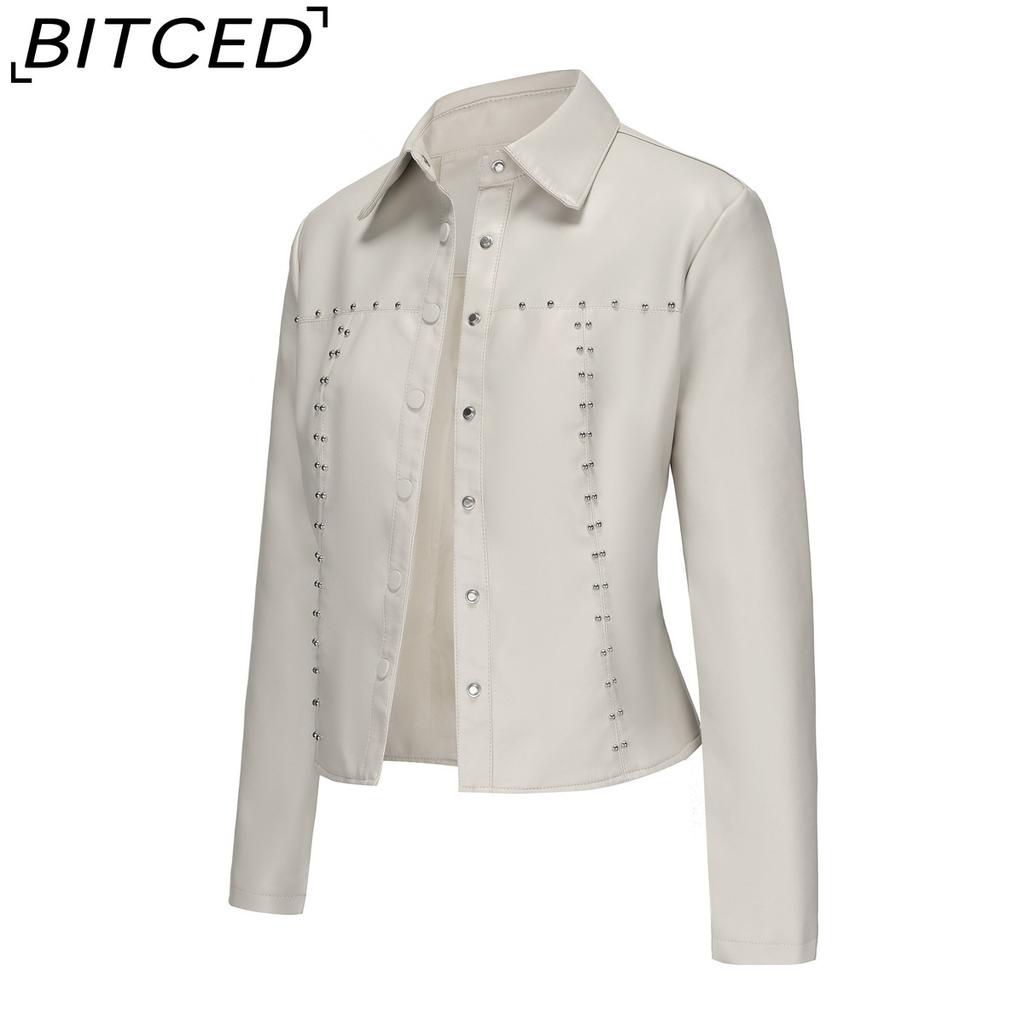BITCED Women's Spring/Autumn Studded Leather Jacket Cardigan Button-Up Leather Clothing Fashionable Lightweight Outerwear
