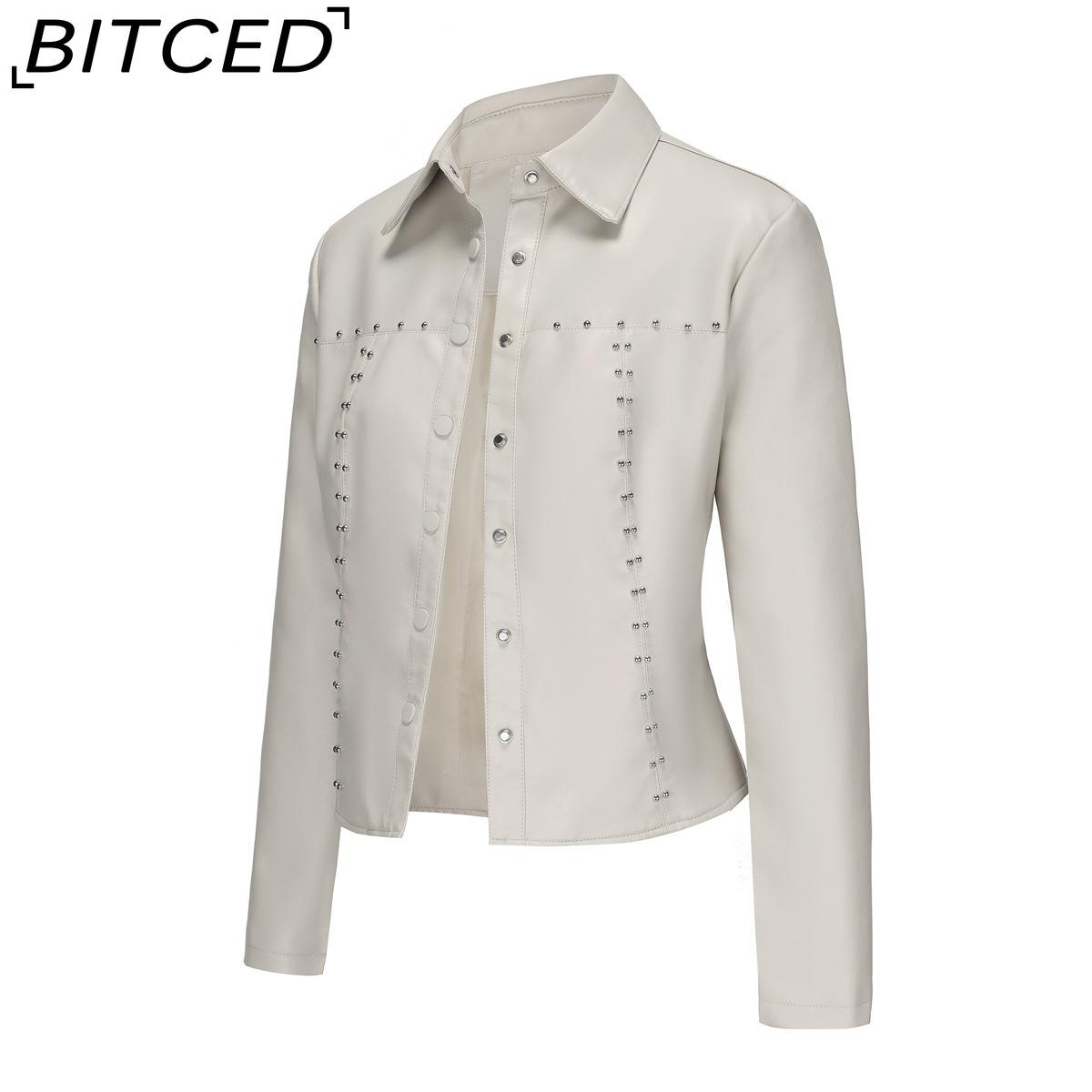 

BITCED Women s Spring/Autumn Studded Leather Jacket Cardigan Button-Up Leather Clothing Fashionable Lightweight Outerwear XXXL белый
