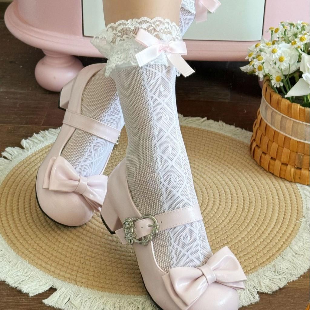 Lolita Lace Trim Mid Calf Socks With Bow For Girls Summer Fashion