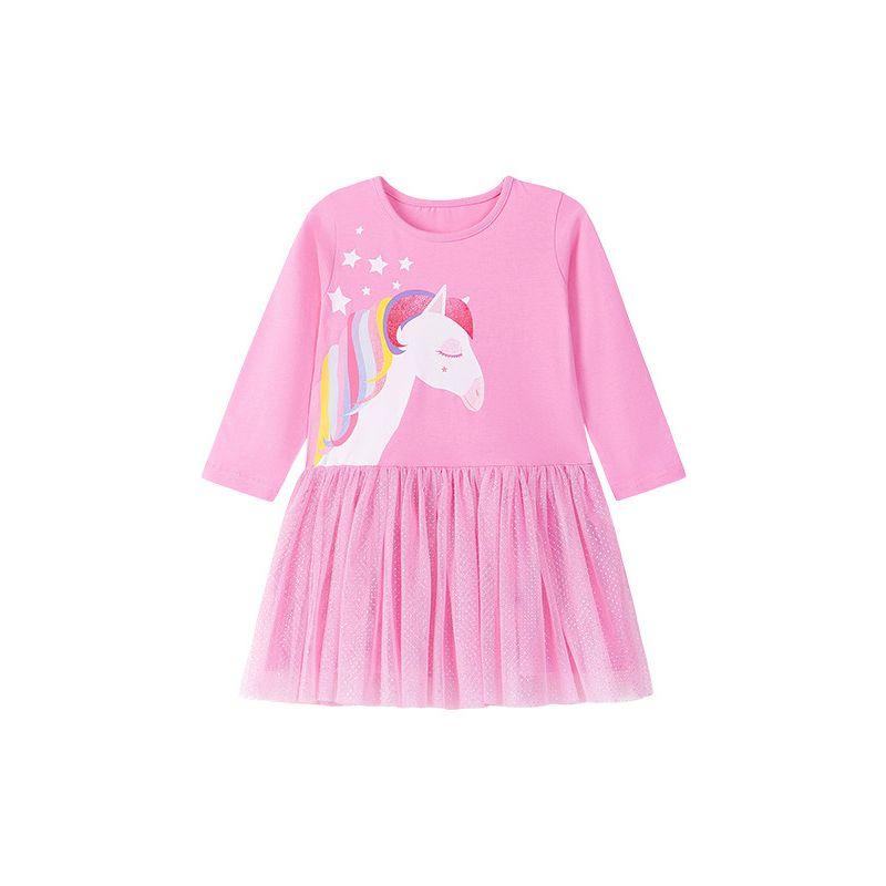 Girls' Autumn Long-Sleeved Dress Baby Pink Unicorn Knitted Dress Kidsren's Pure Cotton Spring and Autum Princess Dress Trendy