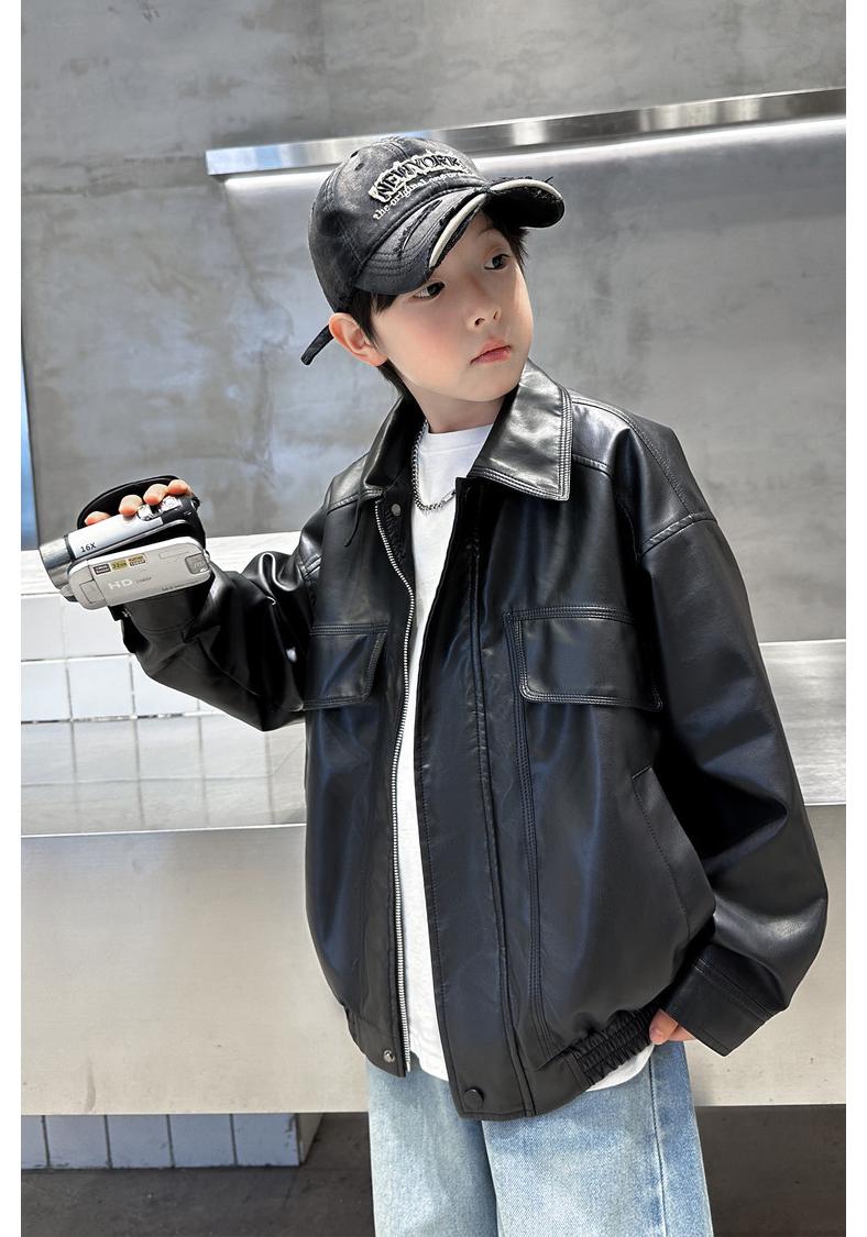 Boys Stylish Korean Leather Jacket - Spring 2026 Trendy Zip-Up Lapel Outerwear for Kids 140 cm чёрный