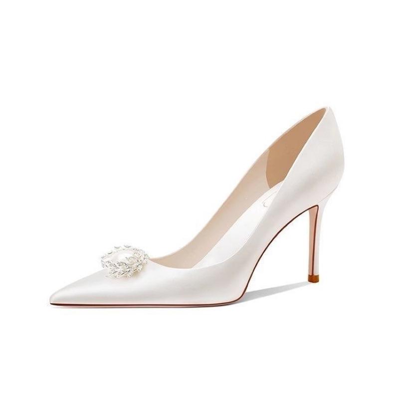 2026 Satin White Stiletto Bridal Heels - Sexy French-Inspired Wedding Shoes for Brides and Bridesmaids.