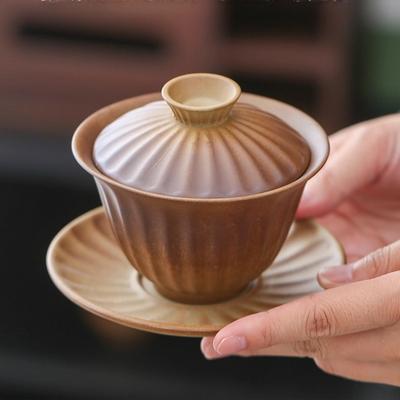 Service à thé Kung Fu en poterie brute de style rétro, Bol à thé cuit au bois avec couvercle, Tasse à thé Kung Fu simple Sancai de grande taille pour la maison