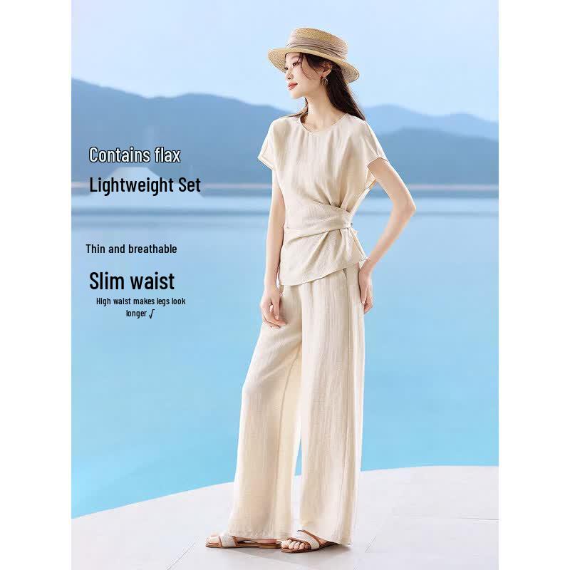 Linen Blend Asymmetric Side Tie Wide-Leg Pants Set M