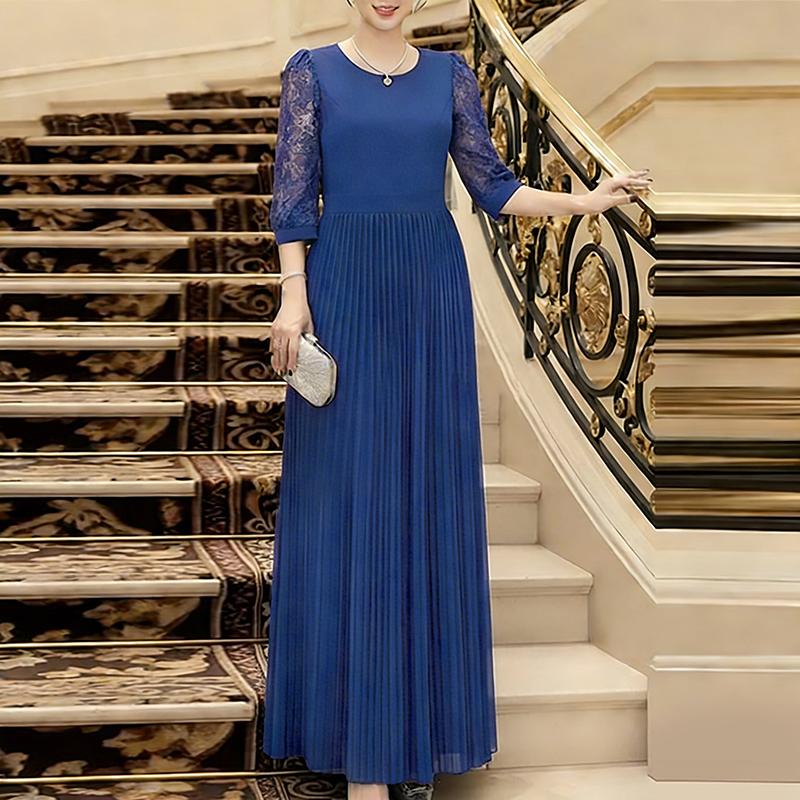 ZANZEA Women Casual Round Neck Lace Splice 3/4 Sleeve Long Dress