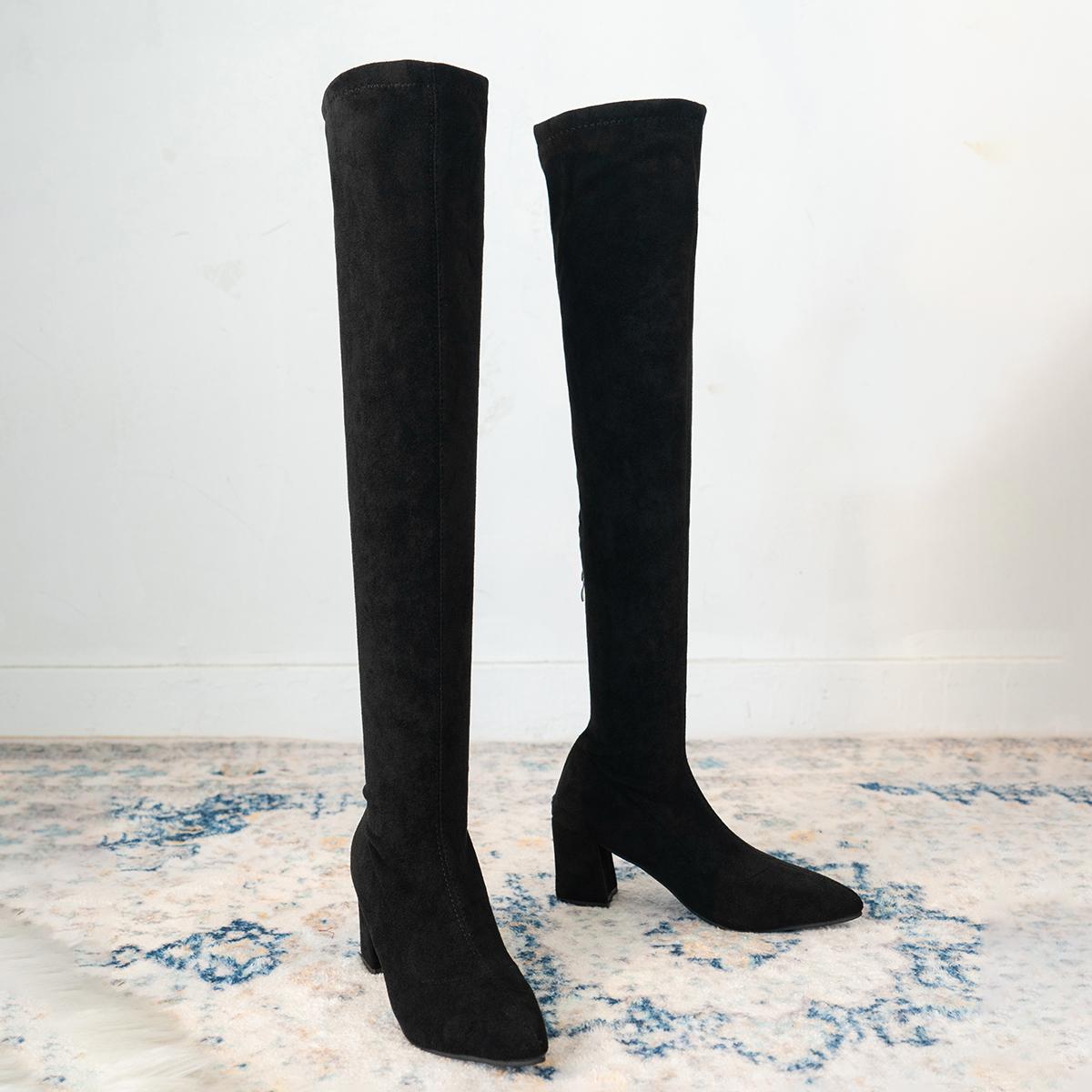 

мода Высокие сапоги выше колена Женские остроносые туфли на высоком каблуке Туфли Chelsea Snow Suede Chunky 2024 Trend Winter Warm Botas Mujer Pumps 35 чёрный