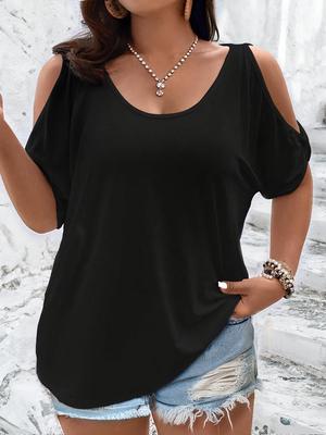 T-shirt da Donna Taglie Forti a Spalle Scoperte a Manica Corta - Colore Unito, Primavera/Estate 2025, Stile Giapponese Coreano