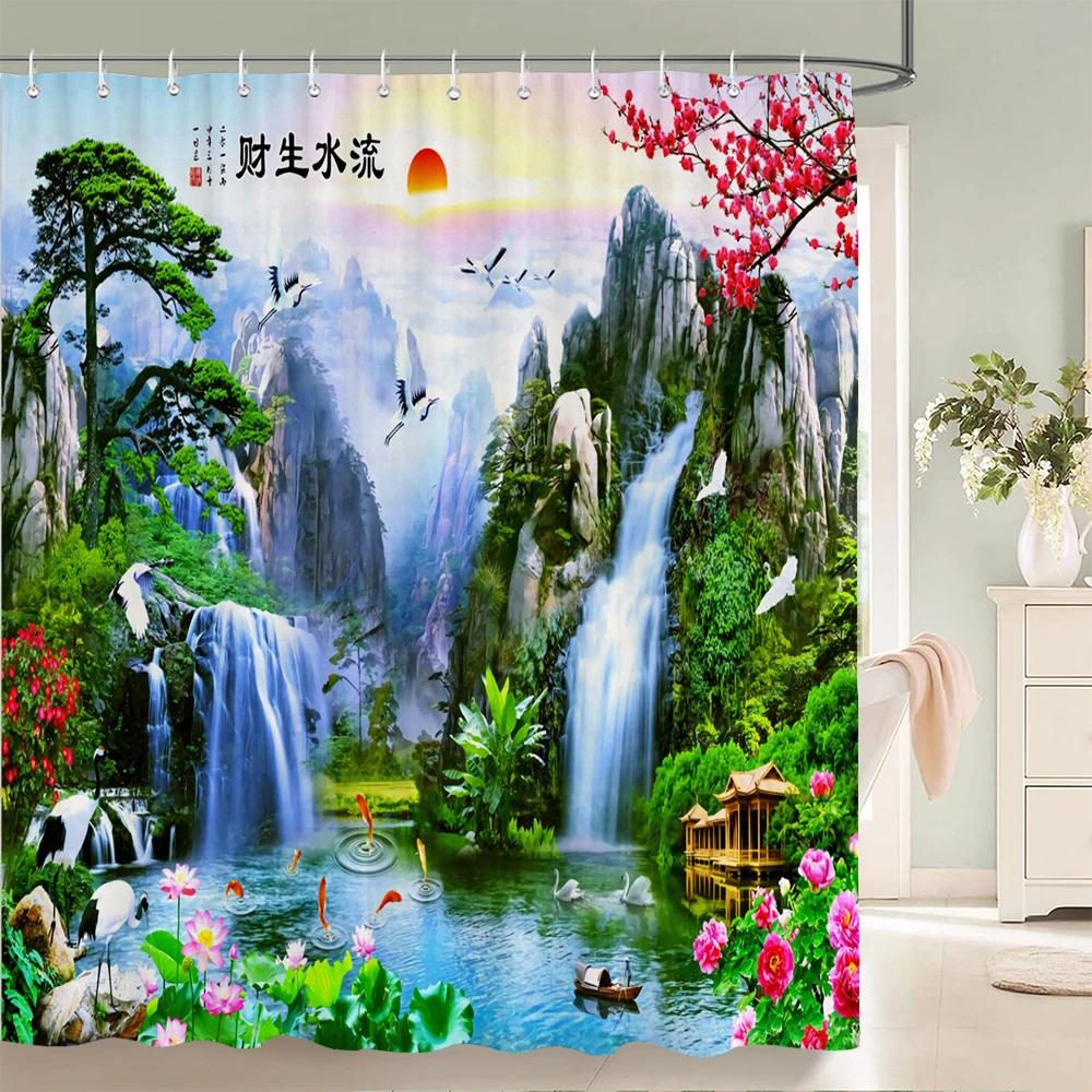 Chinese style Natural Waterfall landscape Shower Curtains Bathroom Curtain Waterproof Polyester Horse Bath Curtain with Hooks