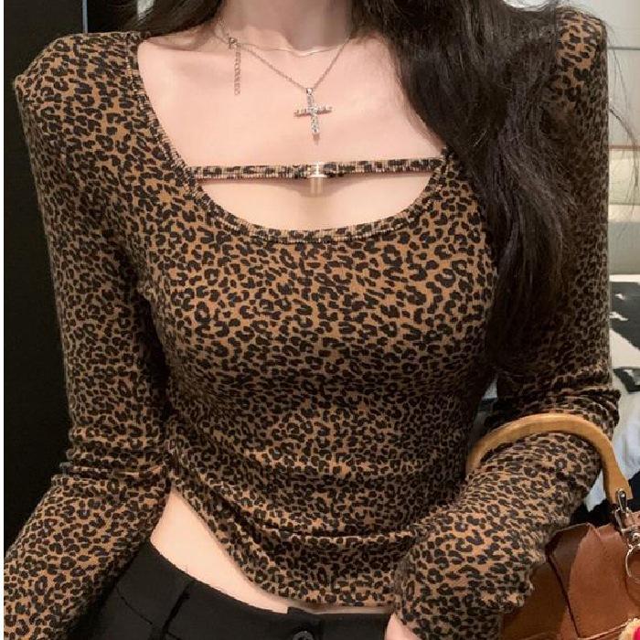 European & American Leopard Print U-Neck Slim Fit Long Sleeve Crop Top - Mature Sexy Style