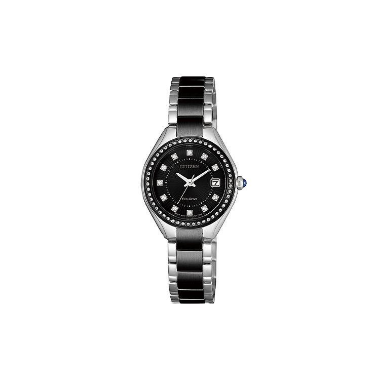 Citizen Eco-Drive Series Crystal Black Diamond Fashion Classic Solar Quartz Movement Stainless Steel Watch Women watches Silver EW2558-88E Black Dial