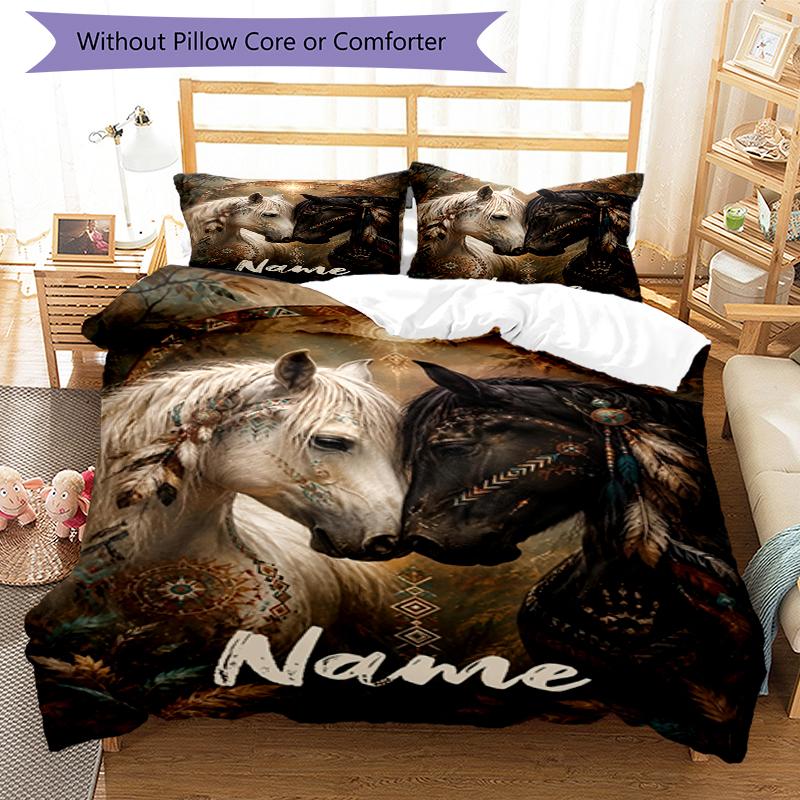 3pcs Custom Name Horse Bedding Set Duvet Cover Closure Includes 1 Duvet Cover & 2 Pillowcases, Soft and Comfortable for All Seasons.